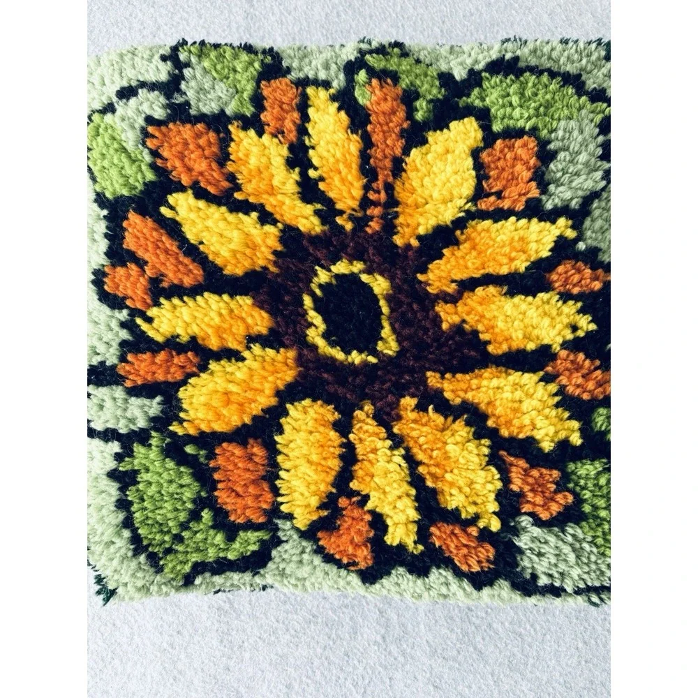 Vintage Sunflower Latch Hook 70s Handmade Pillow Unique‎ Orange Yellow Green